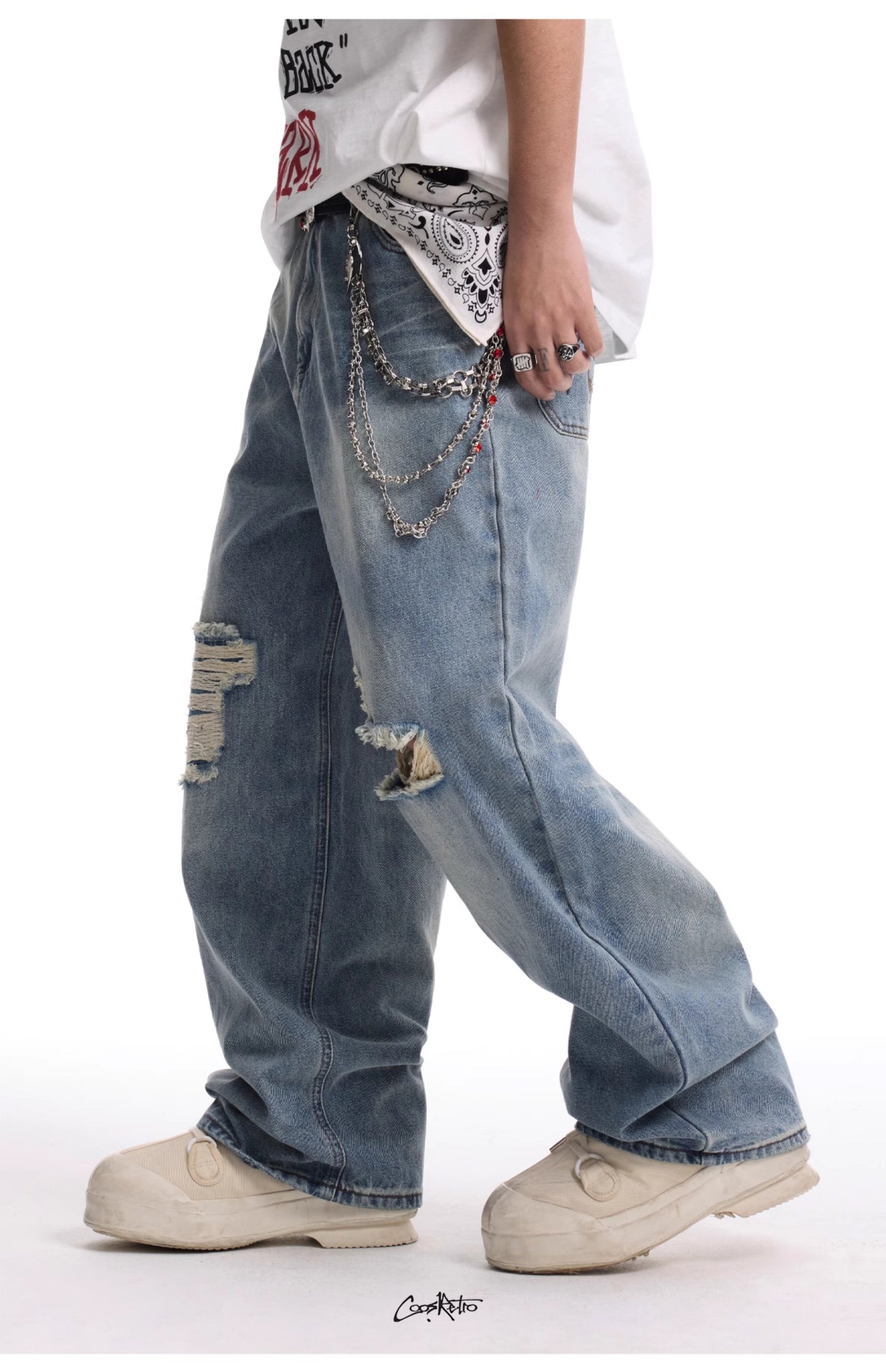 アメリカンヴィンテージ風 ウォッシュ加工 ダメージデニムパンツ