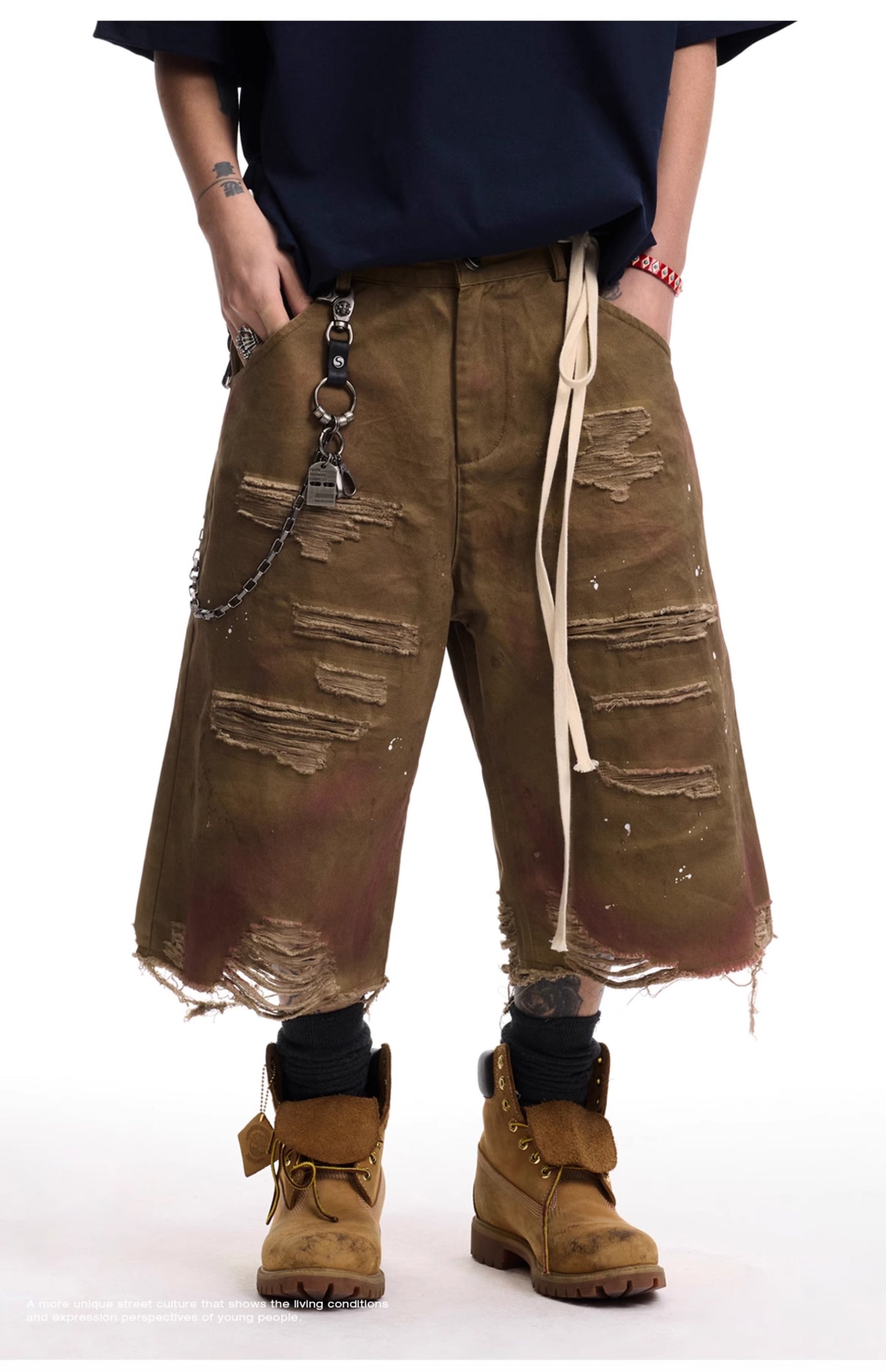 ヴィンテージ風 ヘビーウォッシュ クラッシュ加工ハーフパンツ