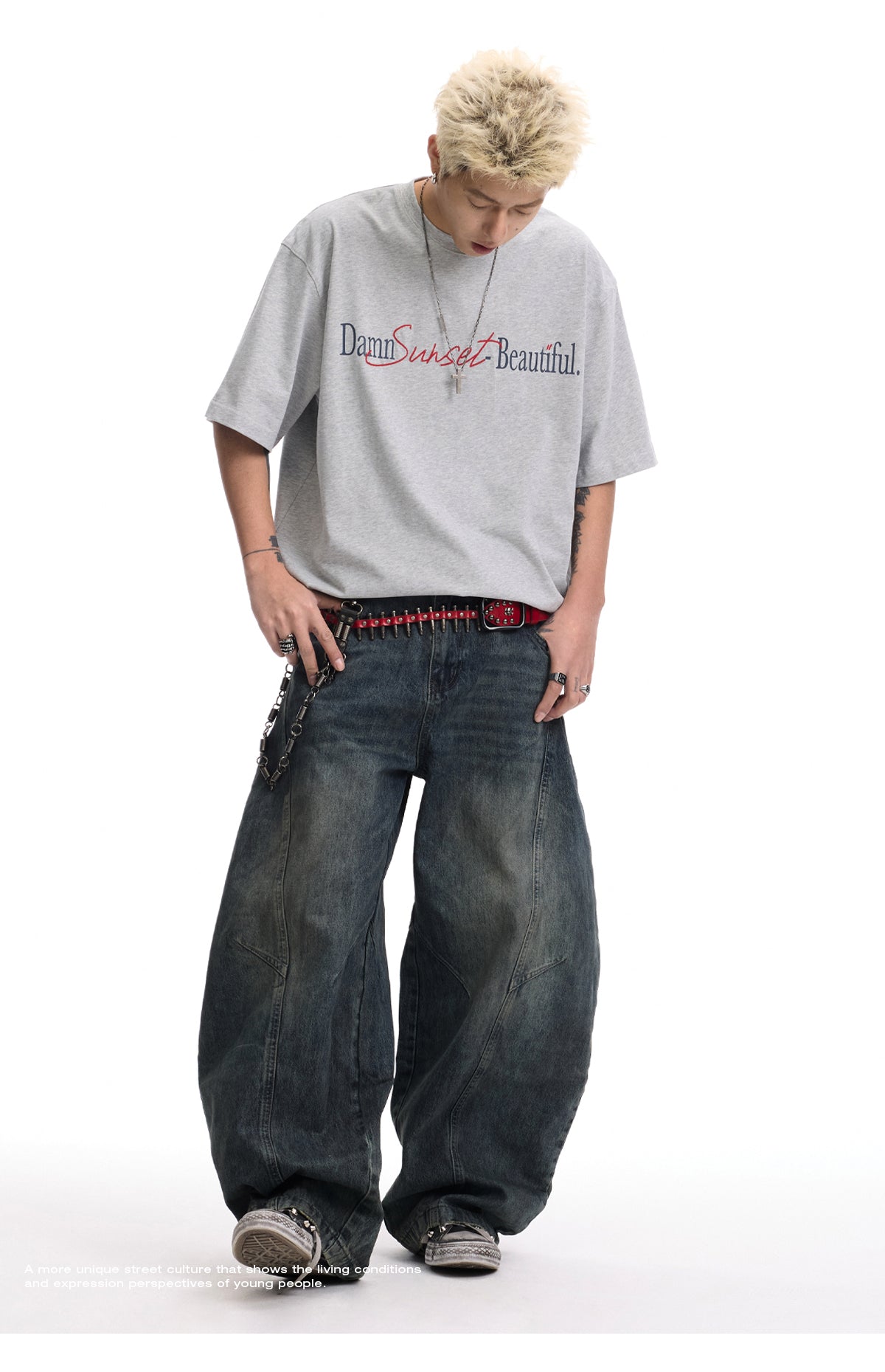 ヴィンテージ風 カーブデニムロングパンツ