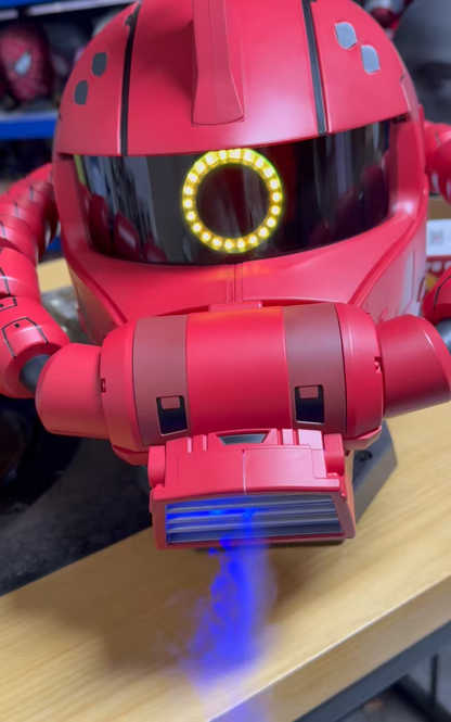 Close-up of red mecha helmet with light and smoke effect