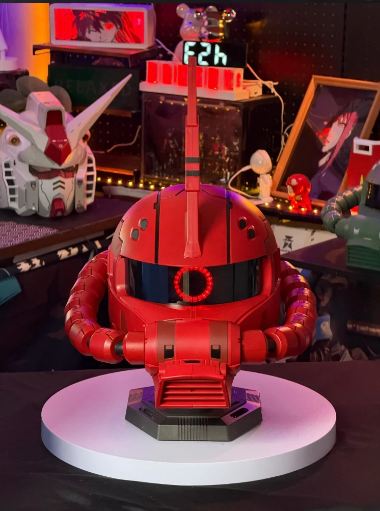 Front view of red mono-eye mecha helmet with light-up eye