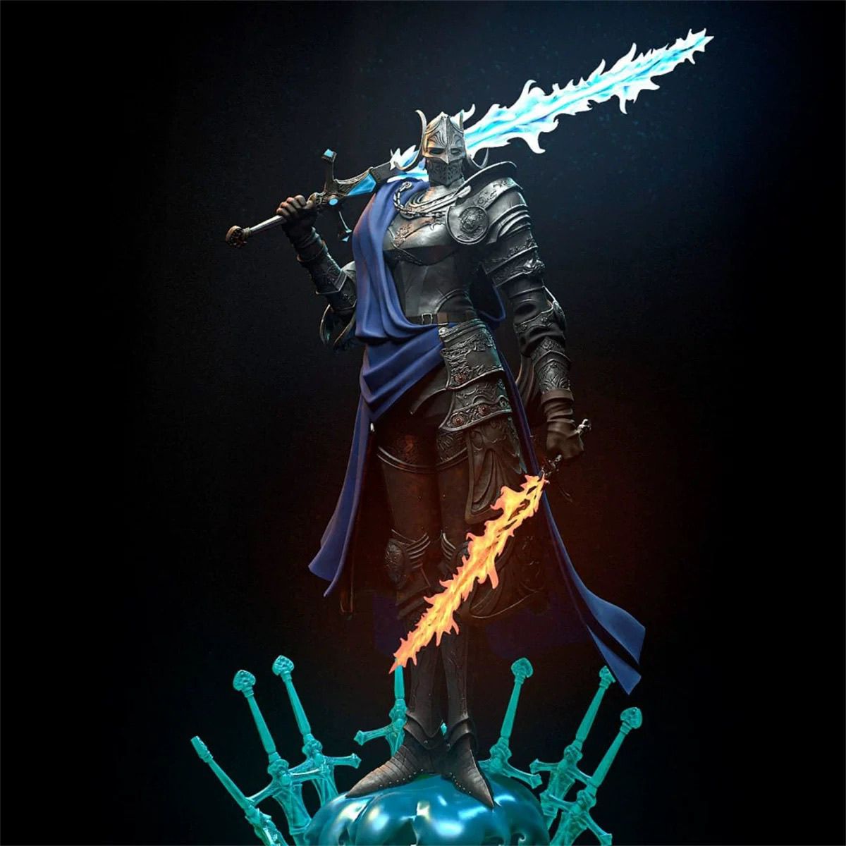 Atmospheric character display reference for the Twin Moon Knight figure