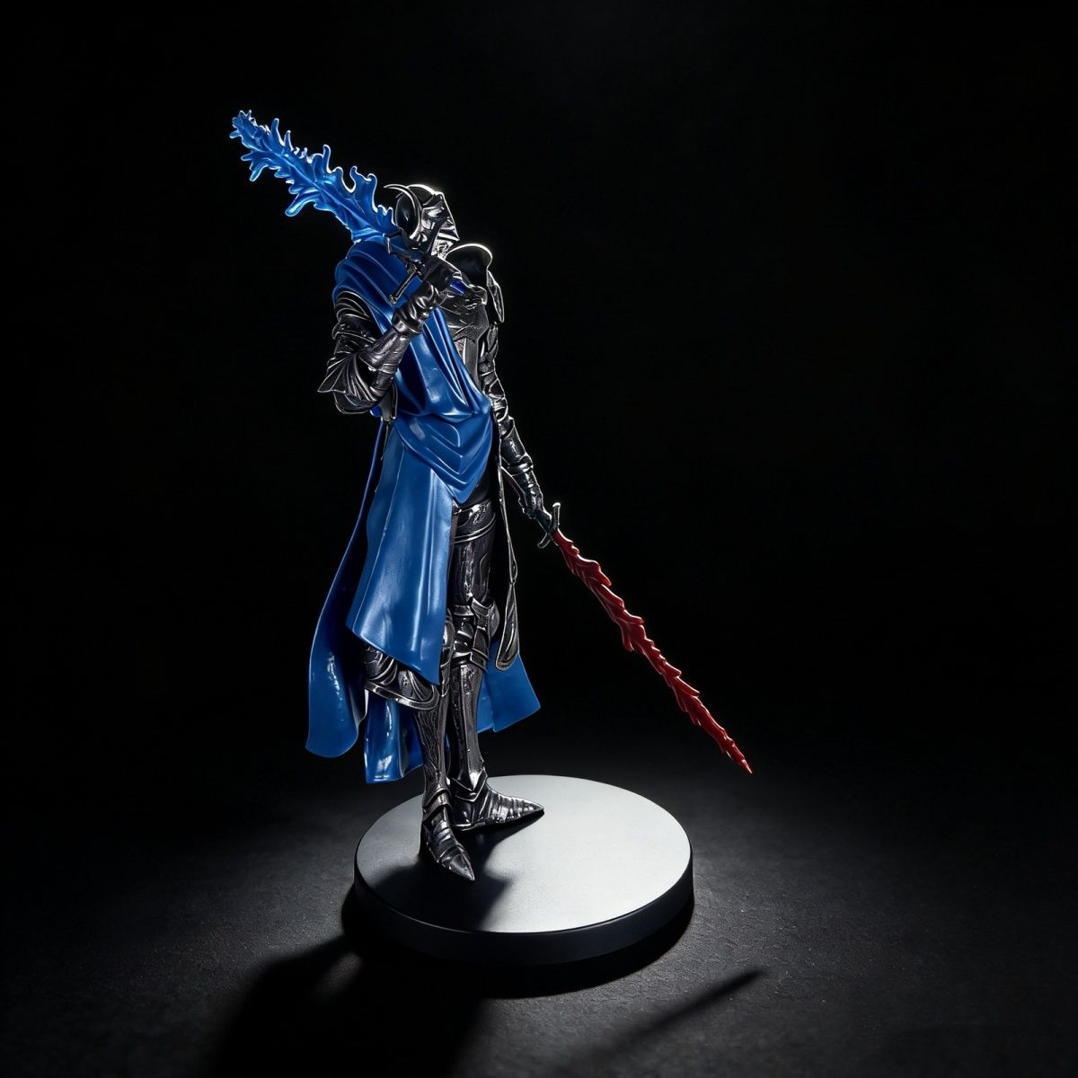Rellana-inspired Twin Moon Knight figure with blue and red twin swords on a round base