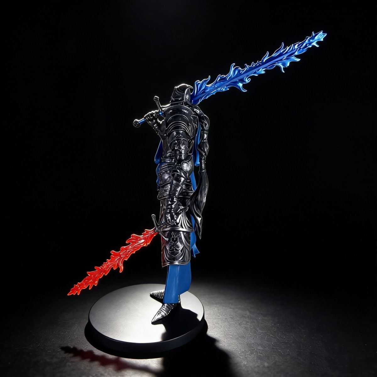 Side view of the armored Twin Moon Knight figure with contrasting twin swords