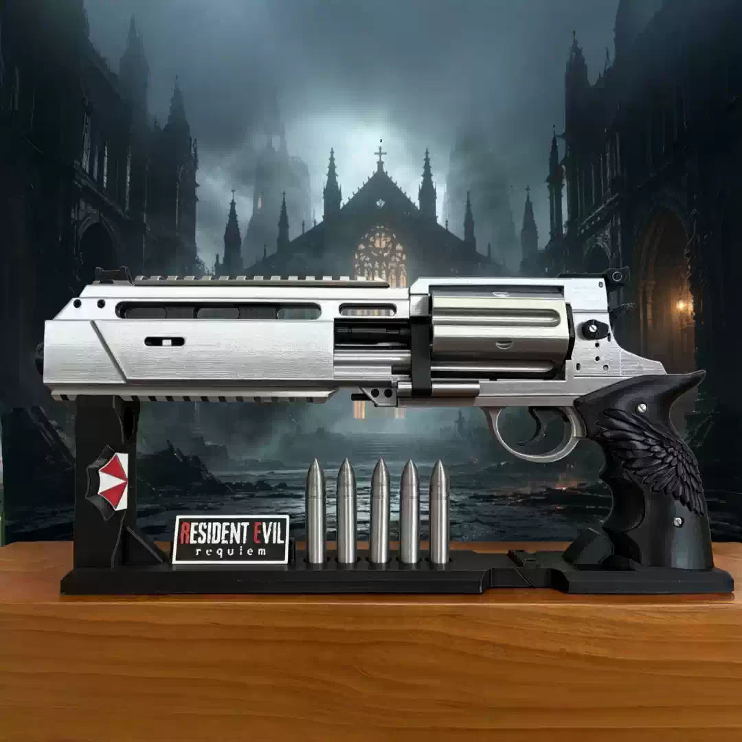 Detailed side view of the silver and black Requiem revolver prop
