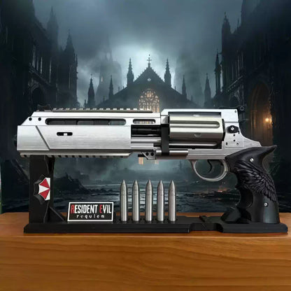 Detailed side view of the silver and black Requiem revolver prop