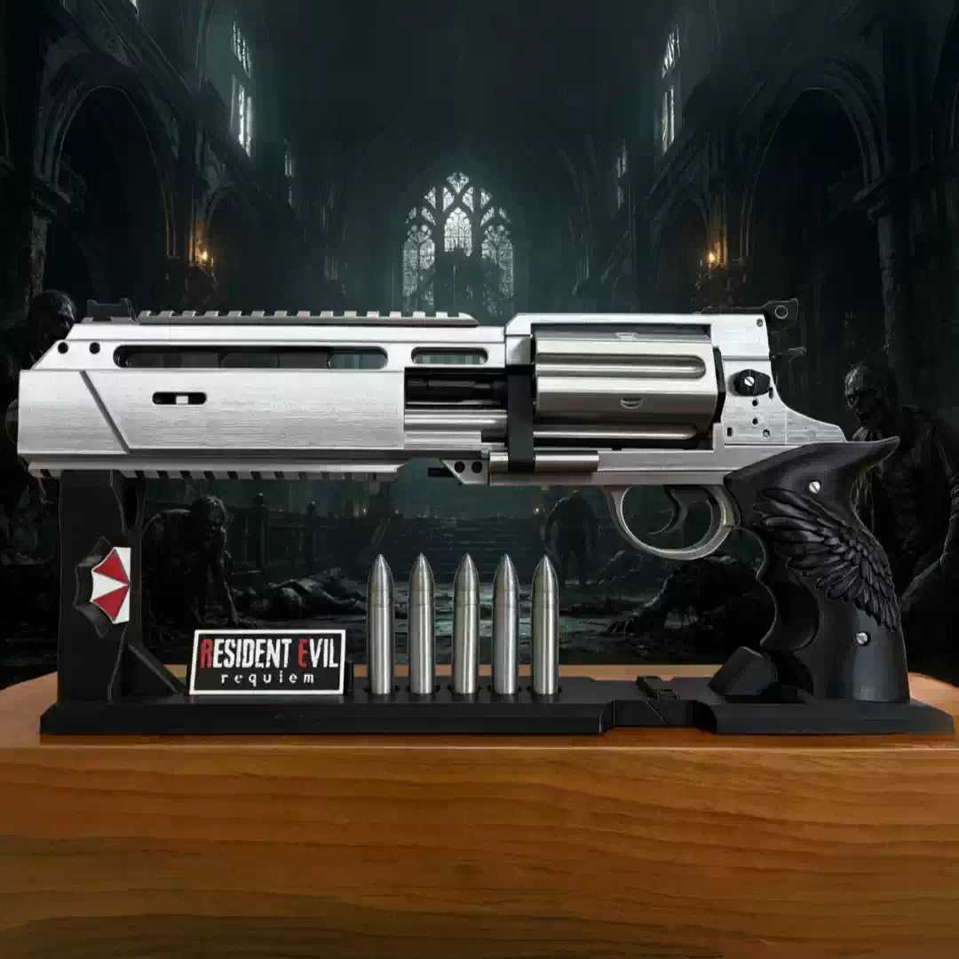 Large silver revolver cosplay prop displayed on its stand