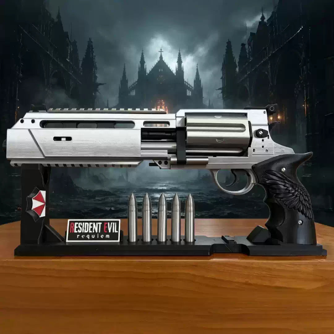 Resident Evil Requiem inspired revolver prop with display stand and five decorative rounds