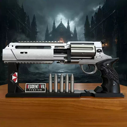 Resident Evil Requiem inspired revolver prop with display stand and five decorative rounds