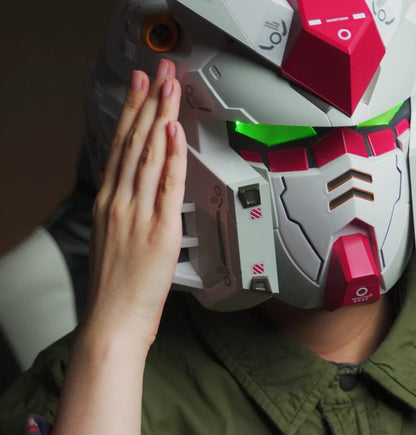 Wearable RX-78 style light-up mecha helmet cosplay view