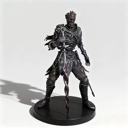 Front view of the dark armored knight collectible figure holding a coiled sword