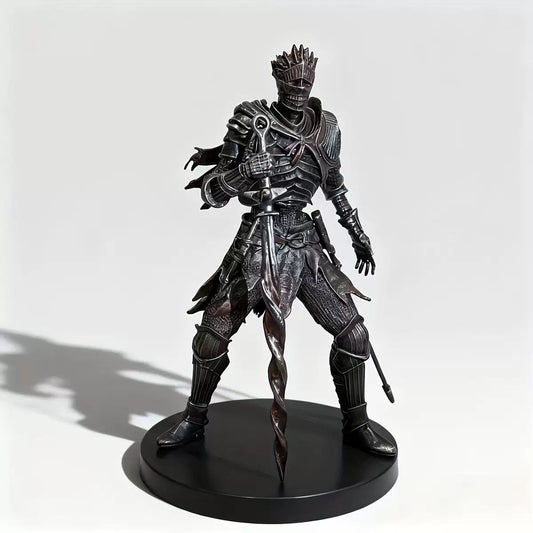 Front view of the dark armored knight collectible figure holding a coiled sword
